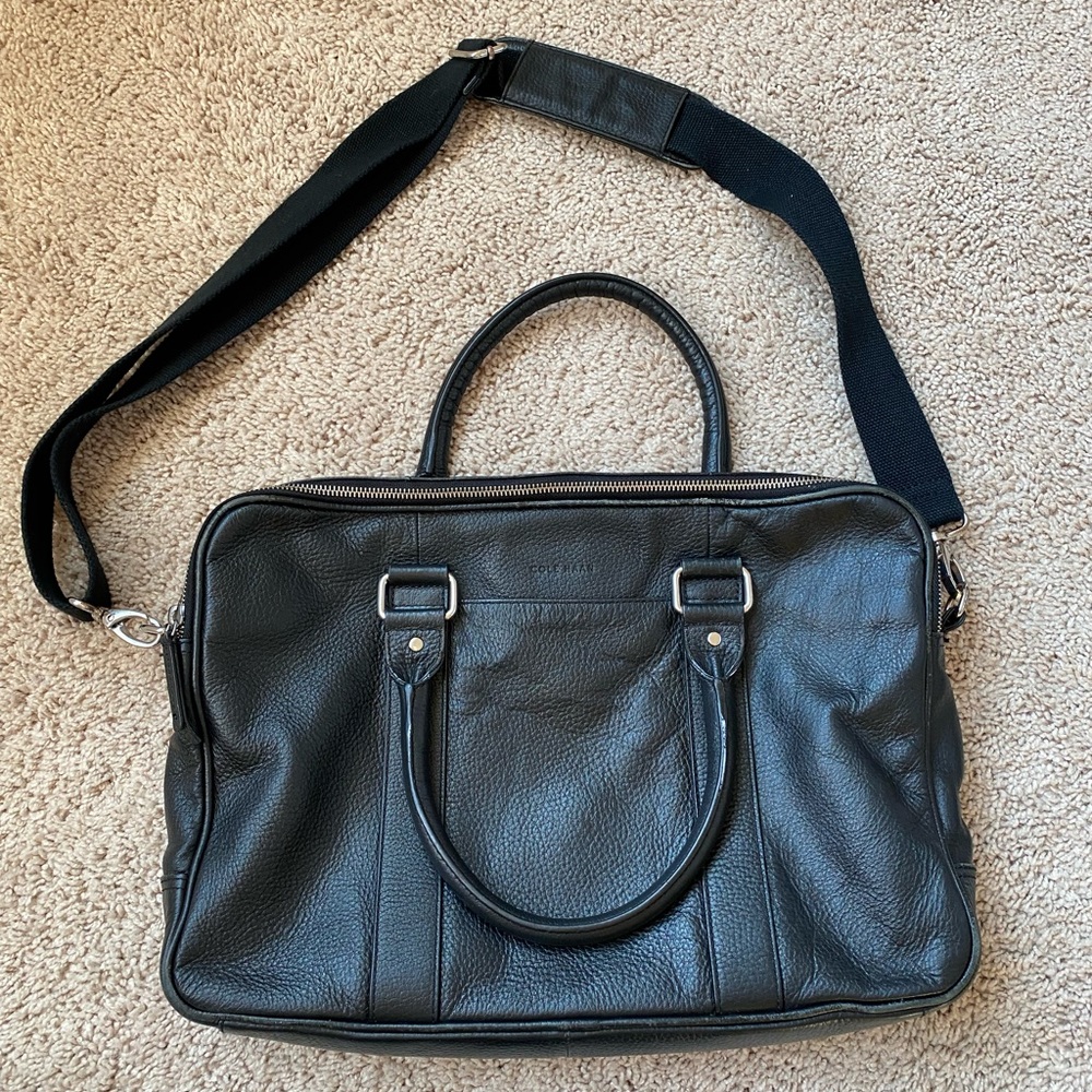 Cole Haan Black Wayland Attaché Leather Messenger Briefcase